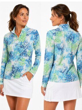 IBKUL Coastal Splash UPF Quarter Zip Golf Active Top Blue Green XL